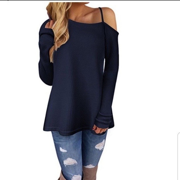 ineffable Tops - Navy Blue Waffle One Shoulder Long Sleeve Top